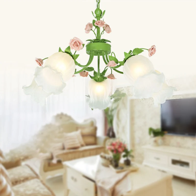 Lustre suspendu en forme de fleur pastorale, 3/5 têtes, lustre en verre blanc, luminaire vert pour salon Clearhalo