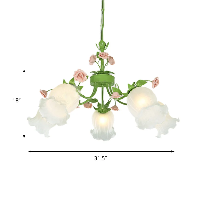 Lustre suspendu en forme de fleur pastorale, 3/5 têtes, lustre en verre blanc, luminaire vert pour salon Clearhalo