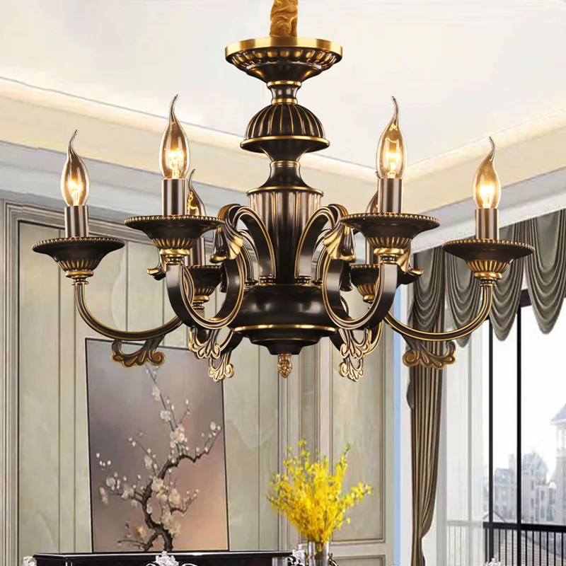Lustre suspendu en métal à 6 têtes, bougie rustique noire et dorée, luminaire de plafond pour salon Clearhalo
