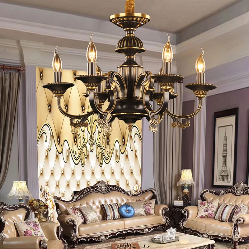 Lustre suspendu en métal à 6 têtes, bougie rustique noire et dorée, luminaire de plafond pour salon Clearhalo