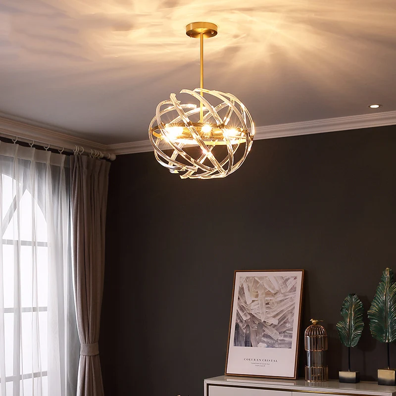 Lustre suspendu sphère contemporaine en métal, 6 ampoules, suspension en or avec cage en tube de cristal pour salle à mang...