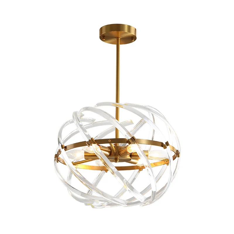 Lustre suspendu sphère contemporaine en métal, 6 ampoules, suspension en or avec cage en tube de cristal pour salle à mang...