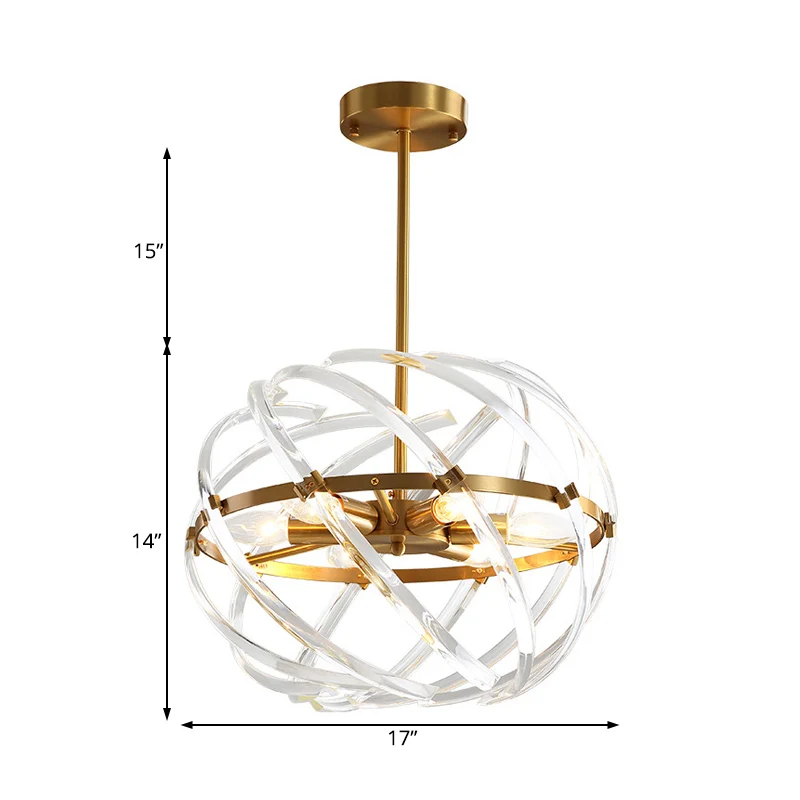 Lustre suspendu sphère contemporaine en métal, 6 ampoules, suspension en or avec cage en tube de cristal pour salle à mang...