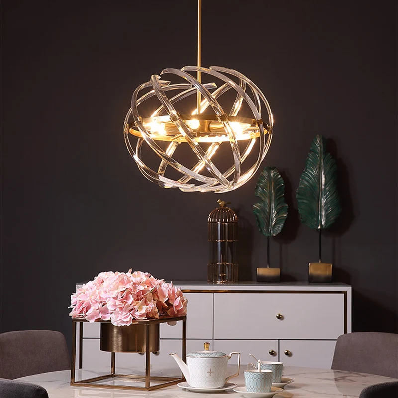 Lustre suspendu sphère contemporaine en métal, 6 ampoules, suspension en or avec cage en tube de cristal pour salle à mang...