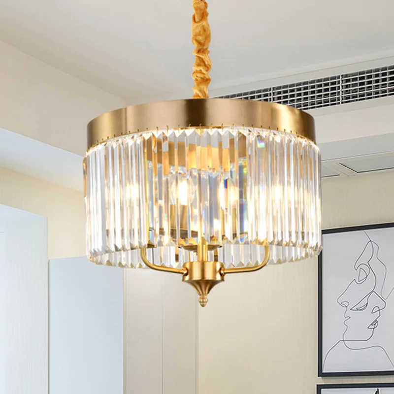 Lustre suspendu tambour contemporain en cristal à facettes, 3 ampoules, plafonnier en laiton Clearhalo