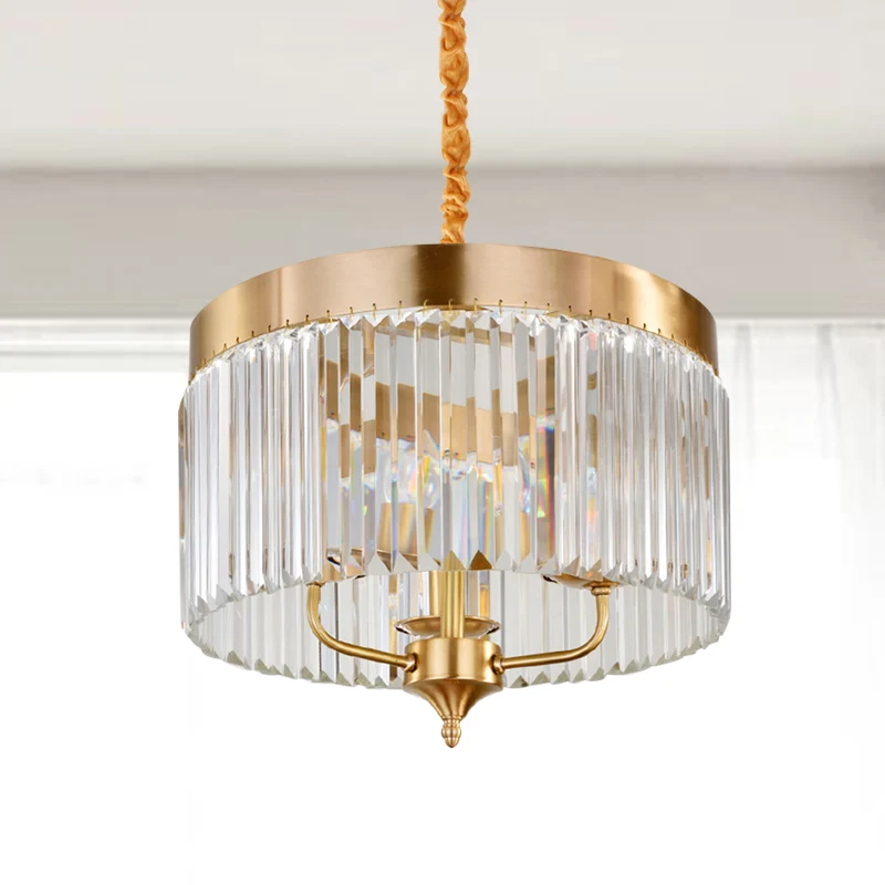 Lustre suspendu tambour contemporain en cristal à facettes, 3 ampoules, plafonnier en laiton Clearhalo