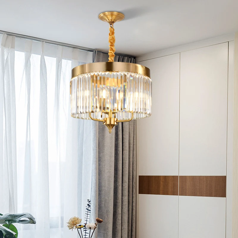 Lustre suspendu tambour contemporain en cristal à facettes, 3 ampoules, plafonnier en laiton Clearhalo