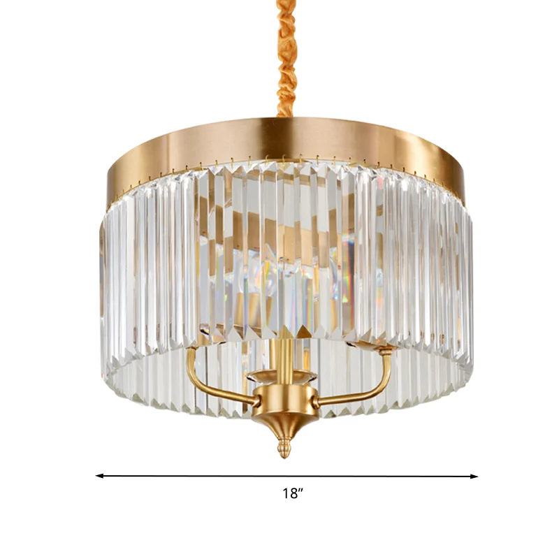 Lustre suspendu tambour contemporain en cristal à facettes, 3 ampoules, plafonnier en laiton Clearhalo