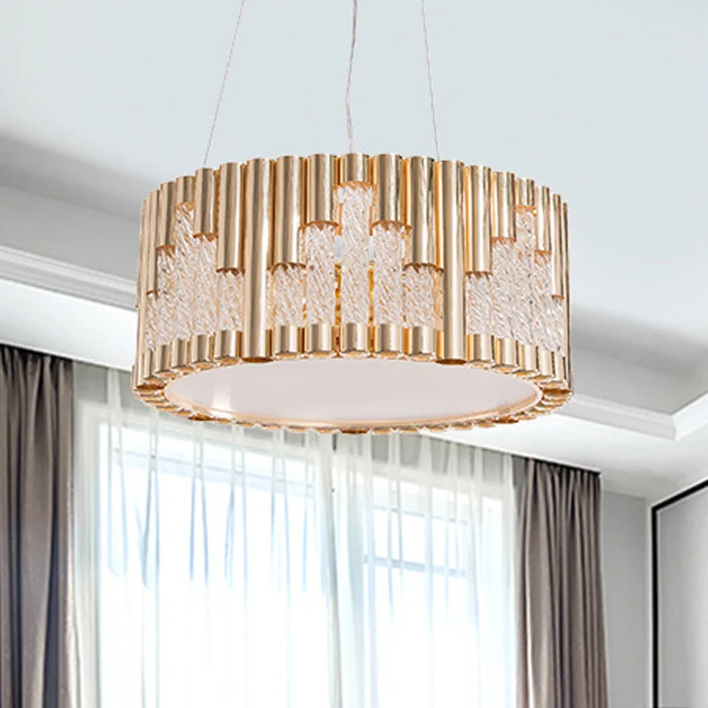 Lustre suspendu tambour contemporain en métal, 3 lumières, lampe de salon en or avec Tube en verre transparent en spirale...
