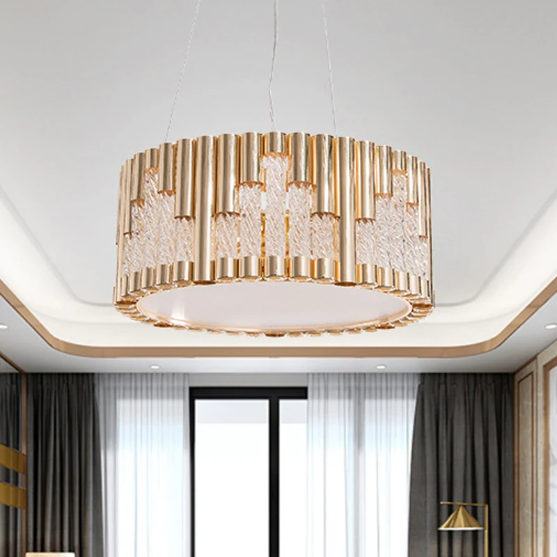 Lustre suspendu tambour contemporain en métal, 3 lumières, lampe de salon en or avec Tube en verre transparent en spirale...