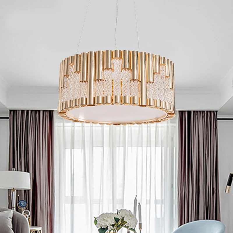 Lustre suspendu tambour contemporain en métal, 3 lumières, lampe de salon en or avec Tube en verre transparent en spirale...