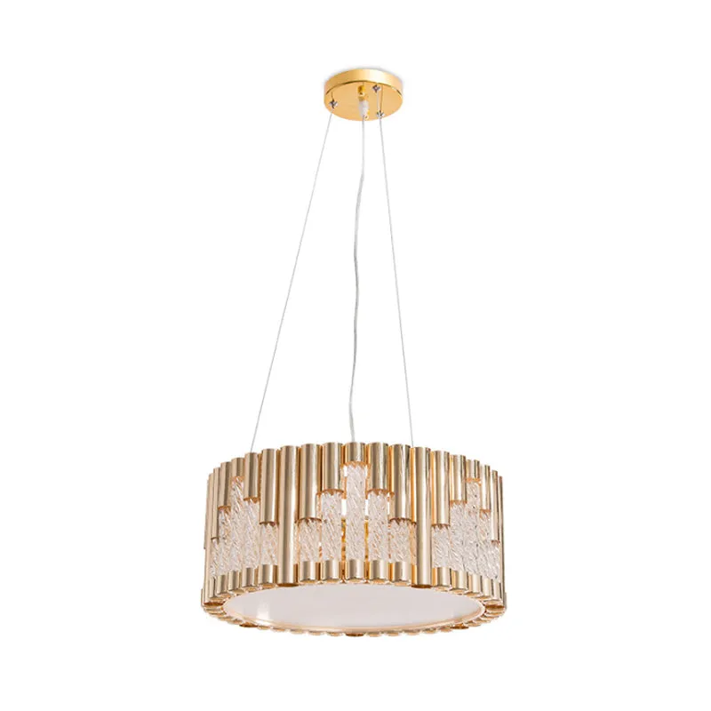Lustre suspendu tambour contemporain en métal, 3 lumières, lampe de salon en or avec Tube en verre transparent en spirale...