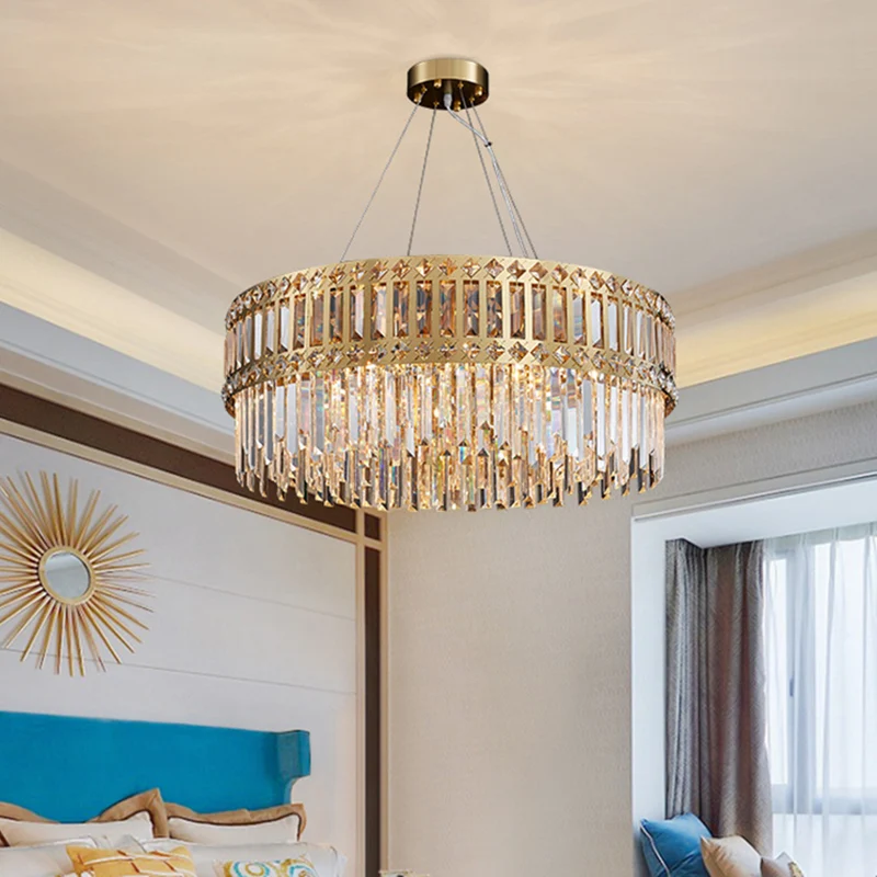 Lustre suspendu à tambour doré, bande moderne en cristal, 10 lumières, lampe suspendue pour salon Clearhalo