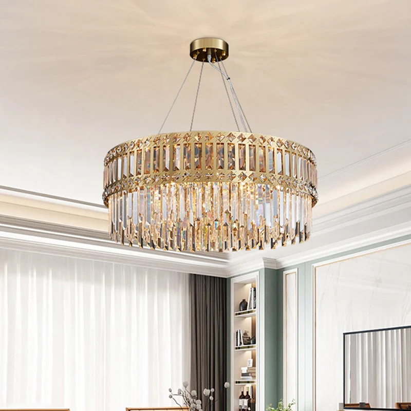 Lustre suspendu à tambour doré, bande moderne en cristal, 10 lumières, lampe suspendue pour salon Clearhalo