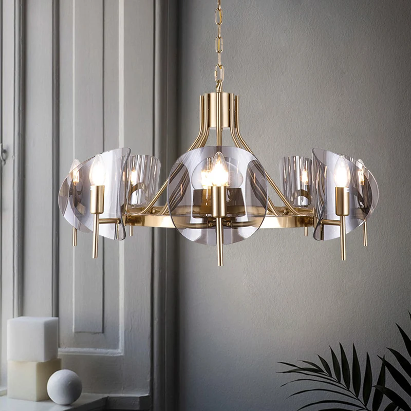Lustre en tôle incurvée du milieu du siècle en verre transparent à 6/8 ampoules dorées avec design à ampoule ouverte Clear...