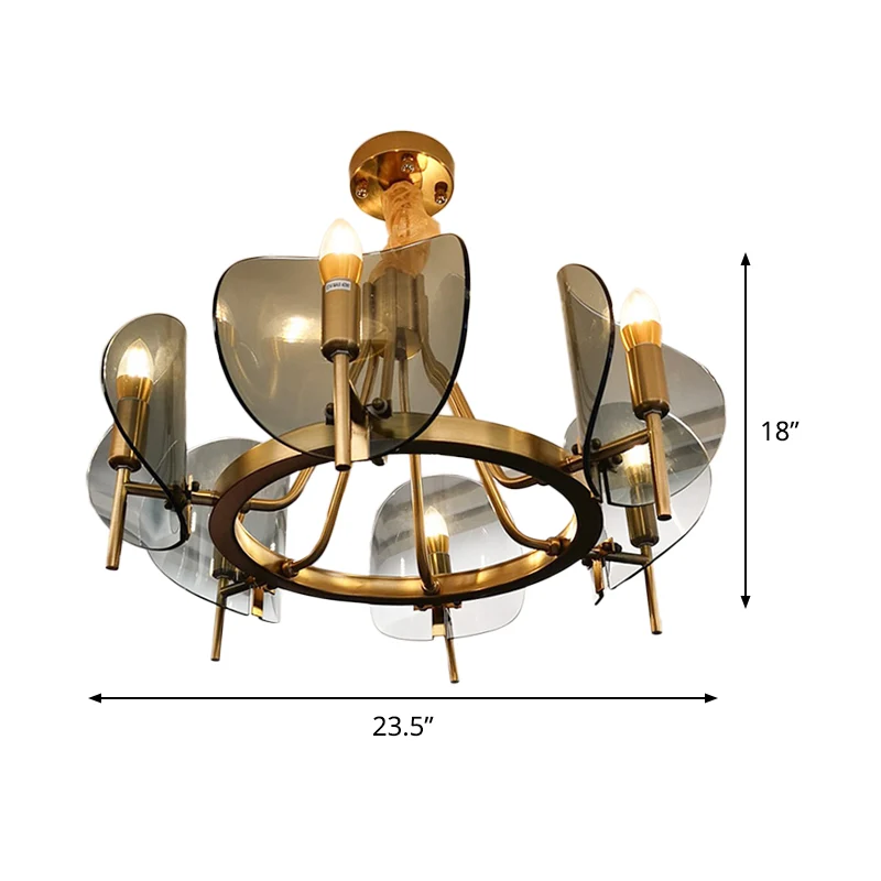 Lustre en tôle incurvée du milieu du siècle en verre transparent à 6/8 ampoules dorées avec design à ampoule ouverte Clear...