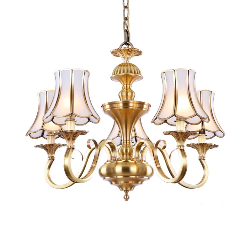Lustre traditionnel à 3/5/6 lumières, plafonnier de chambre à coucher avec abat-jour évasé en verre dépoli en laiton poli...