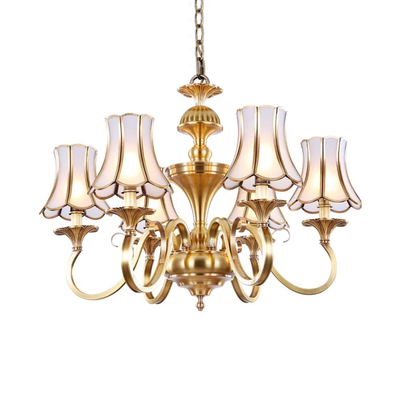 Lustre traditionnel à 3/5/6 lumières, plafonnier de chambre à coucher avec abat-jour évasé en verre dépoli en laiton poli...