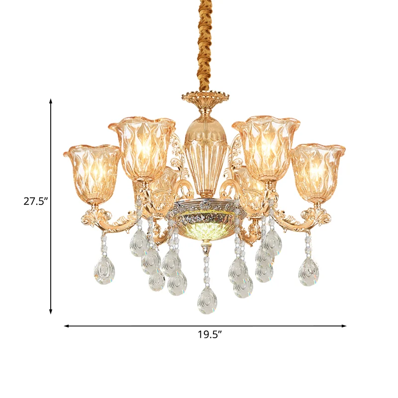 Lustre traditionnel en forme de cloche à 6 ampoules, luminaire suspendu en verre de galets transparent doré au-dessus de l...