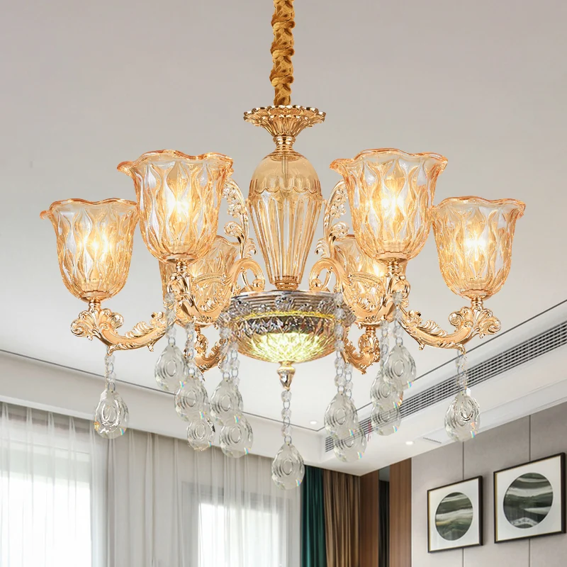 Lustre traditionnel en forme de cloche à 6 ampoules, luminaire suspendu en verre de galets transparent doré au-dessus de l...