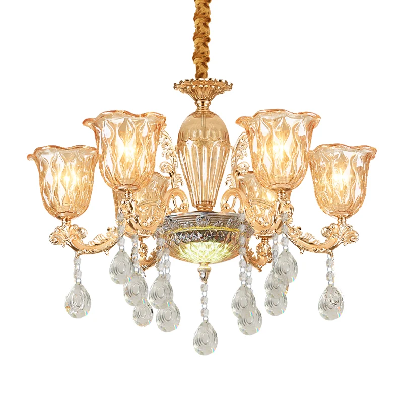 Lustre traditionnel en forme de cloche à 6 ampoules, luminaire suspendu en verre de galets transparent doré au-dessus de l...