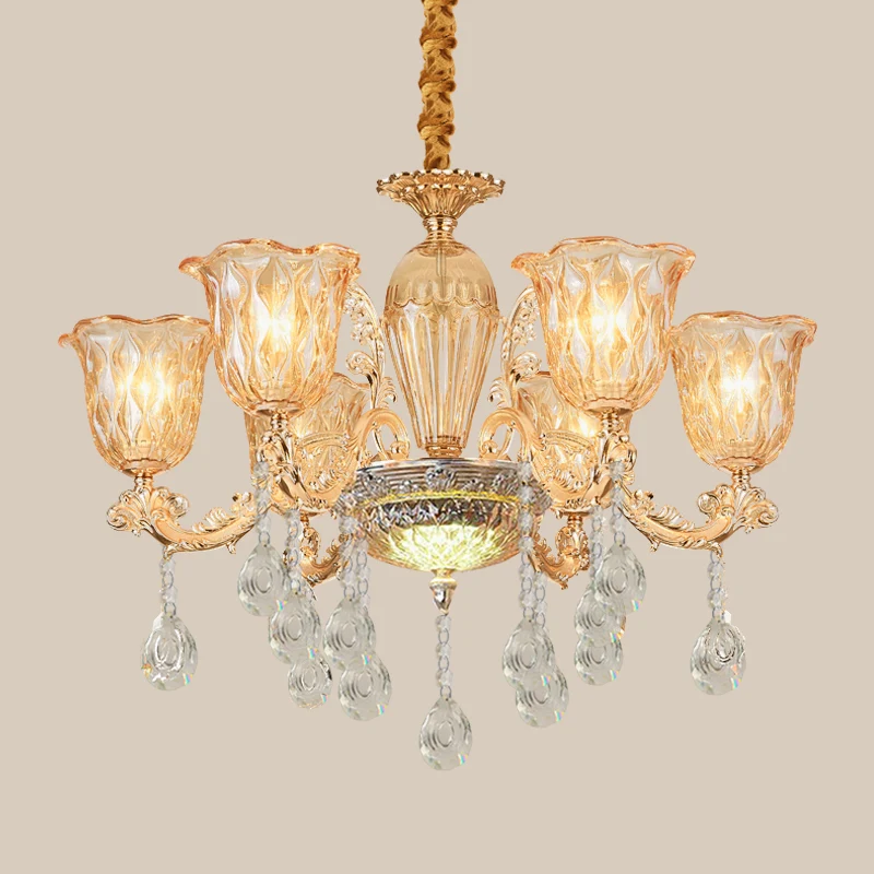 Lustre traditionnel en forme de cloche à 6 ampoules, luminaire suspendu en verre de galets transparent doré au-dessus de l...