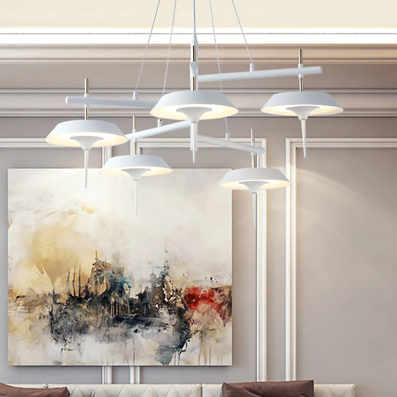 Lustre évasé en métal, lampe minimaliste à 5 lumières, luminaire suspendu blanc pour salle à manger Clearhalo