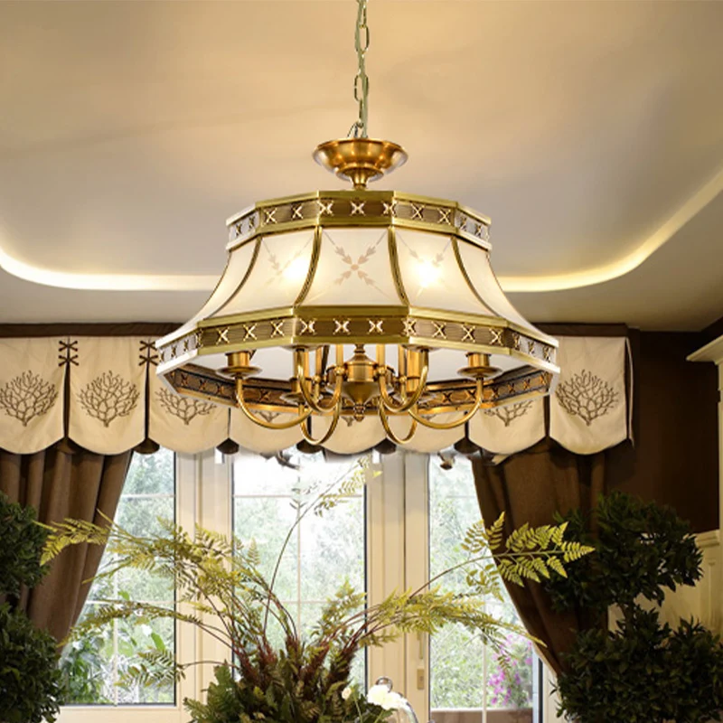 Lustre en verre sablé à 4 ampoules, cloche en laiton colonial, luminaire suspendu pour chambre à coucher Clearhalo