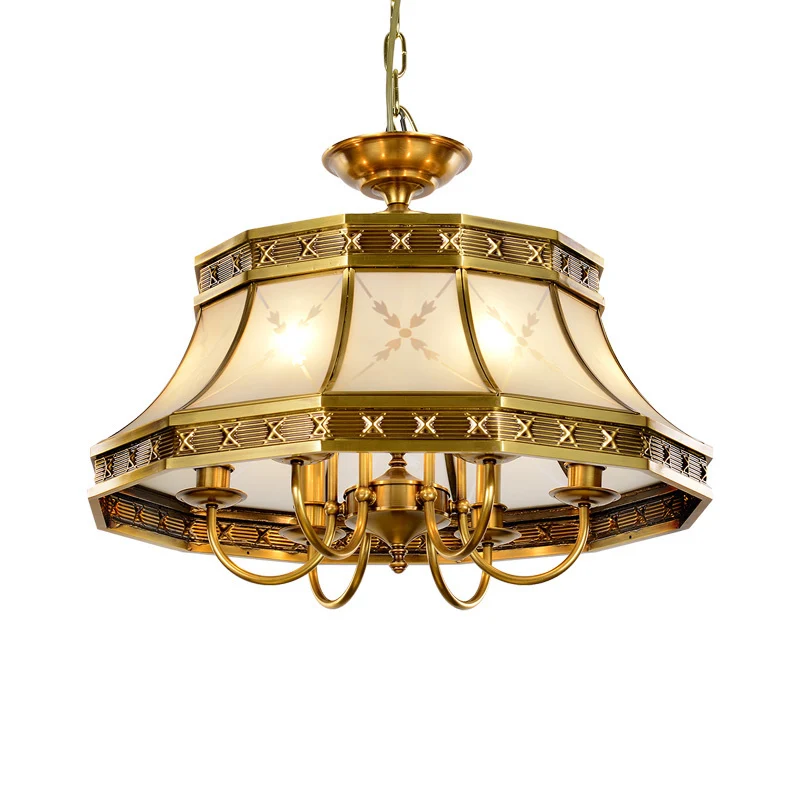 Lustre en verre sablé à 4 ampoules, cloche en laiton colonial, luminaire suspendu pour chambre à coucher Clearhalo