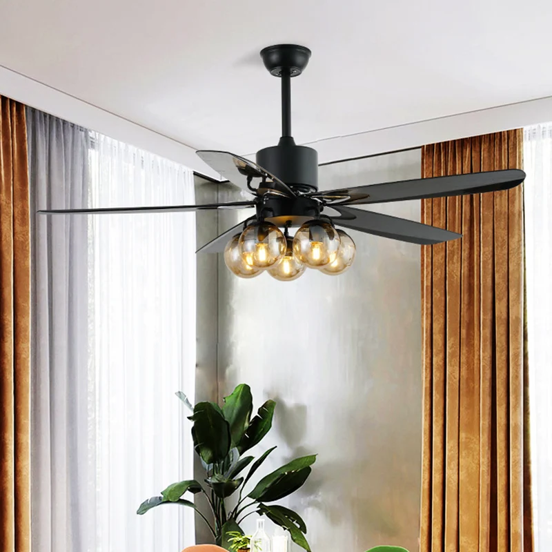 Noir 5 ampoules ventilateur de plafond lumière antique verre clair Global lampe semi-encastrée avec 5 pales, 56 "de large...