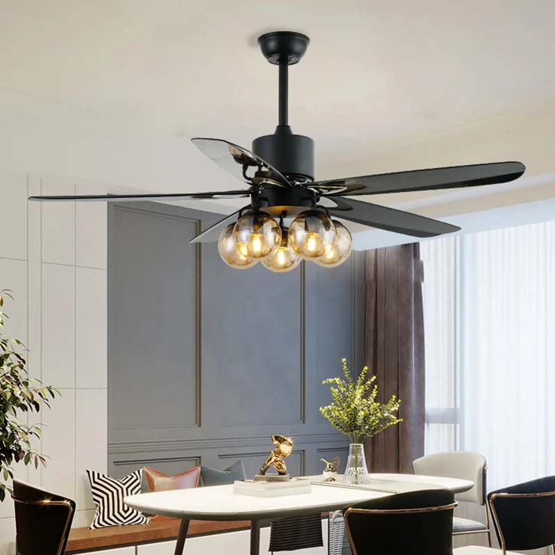 Noir 5 ampoules ventilateur de plafond lumière antique verre clair Global lampe semi-encastrée avec 5 pales, 56 "de large...
