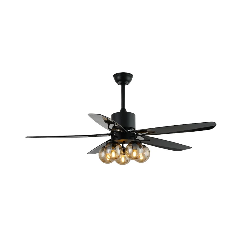 Noir 5 ampoules ventilateur de plafond lumière antique verre clair Global lampe semi-encastrée avec 5 pales, 56 "de large...