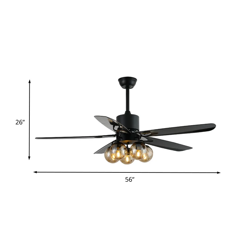 Noir 5 ampoules ventilateur de plafond lumière antique verre clair Global lampe semi-encastrée avec 5 pales, 56 "de large...
