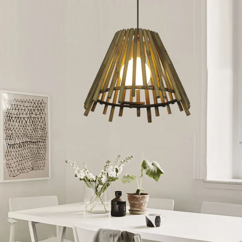 Plafonnier à abat-jour conique en bambou, Vintage, une ampoule LED, lampe à Suspension en bois naturel avec cordon réglabl...