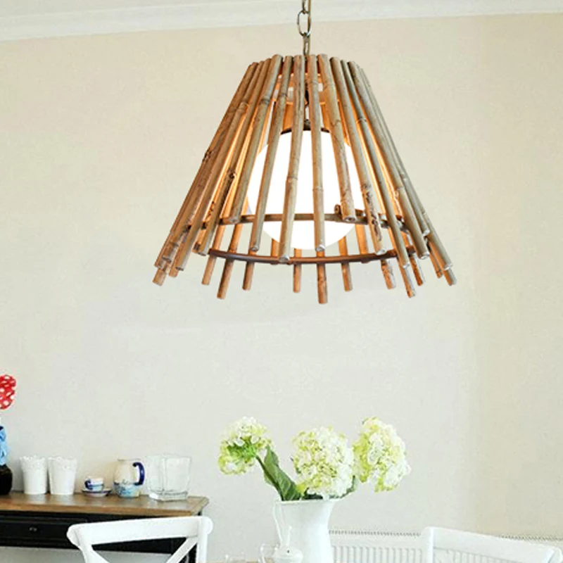 Plafonnier à abat-jour conique en bambou, Vintage, une ampoule LED, lampe à Suspension en bois naturel avec cordon réglabl...