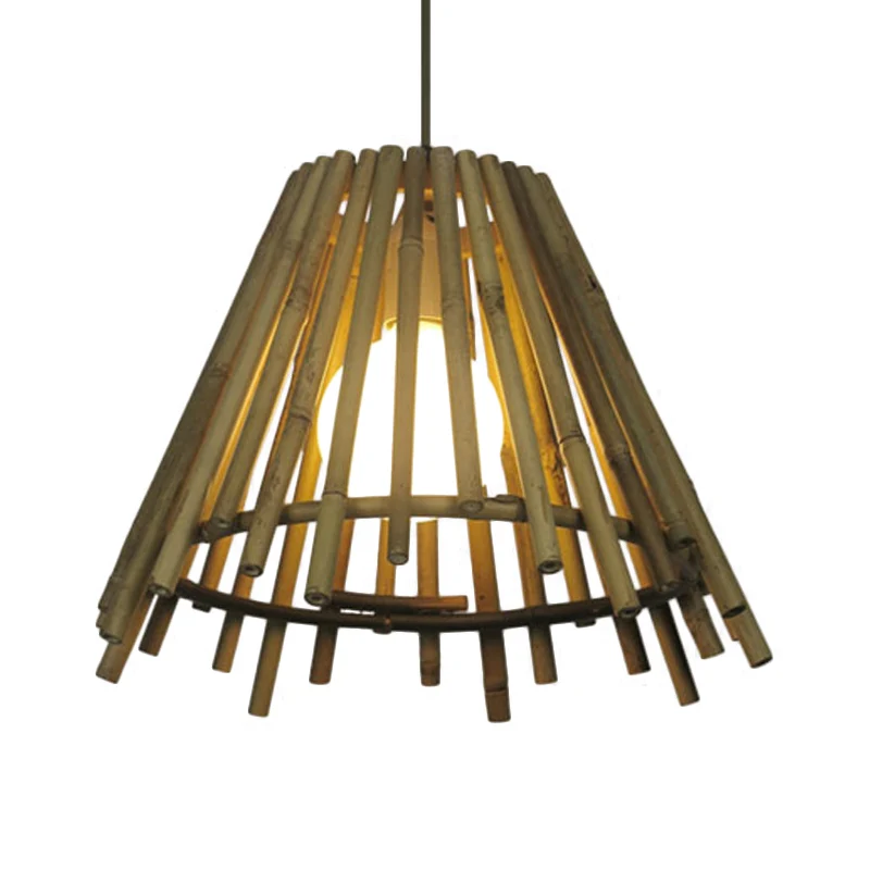 Plafonnier à abat-jour conique en bambou, Vintage, une ampoule LED, lampe à Suspension en bois naturel avec cordon réglabl...