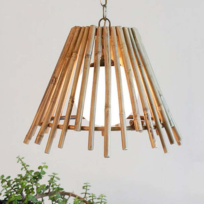 Plafonnier à abat-jour conique en bambou, Vintage, une ampoule LED, lampe à Suspension en bois naturel avec cordon réglabl...