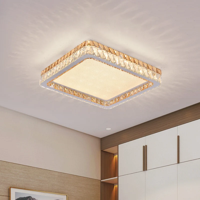 Plafonnier carré minimaliste, éclairage encastré à LED incrusté de cristaux transparents et dorés en blanc Clearhalo