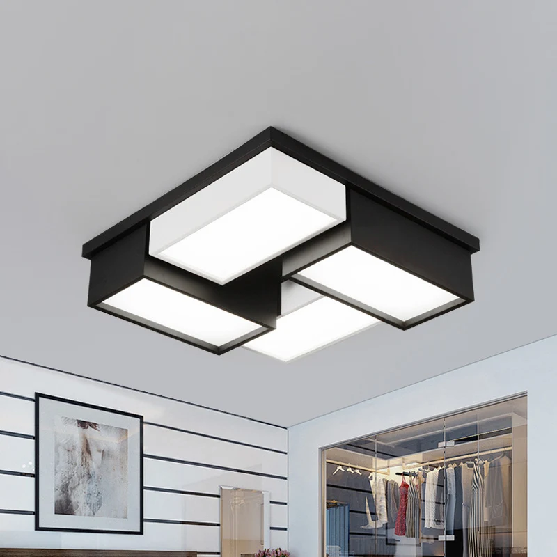 Plafonnier carré/rectangle proche du plafond, bloc de salon contemporain en métal, luminaire LED encastré en noir et blanc...