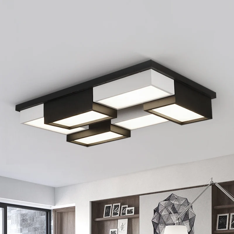 Plafonnier carré/rectangle proche du plafond, bloc de salon contemporain en métal, luminaire LED encastré en noir et blanc...