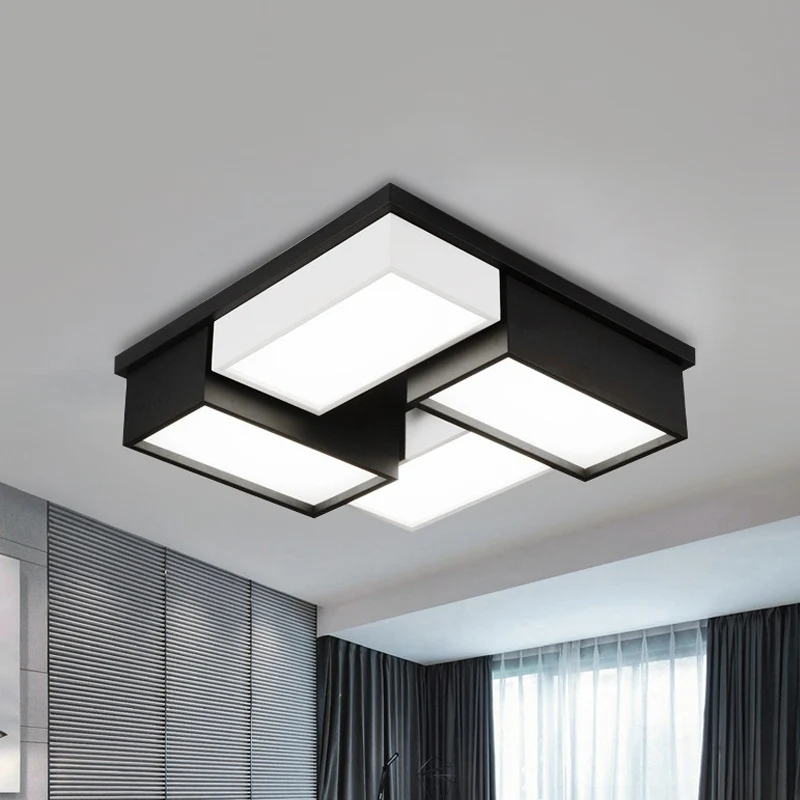 Plafonnier carré/rectangle proche du plafond, bloc de salon contemporain en métal, luminaire LED encastré en noir et blanc...