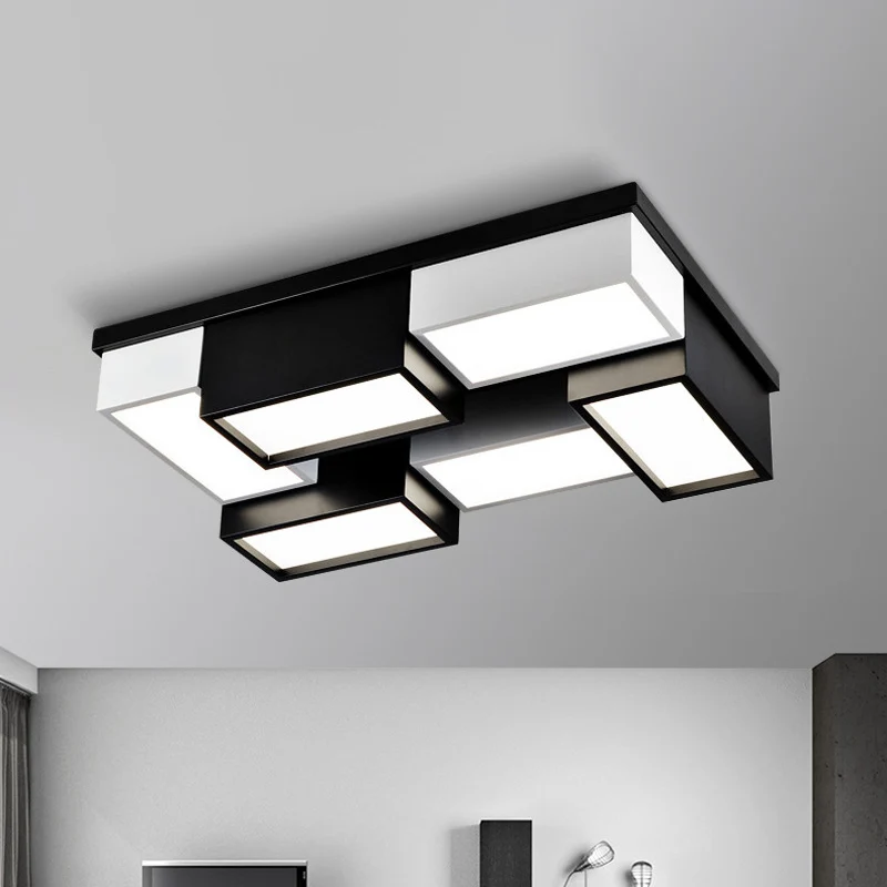 Plafonnier carré/rectangle proche du plafond, bloc de salon contemporain en métal, luminaire LED encastré en noir et blanc...