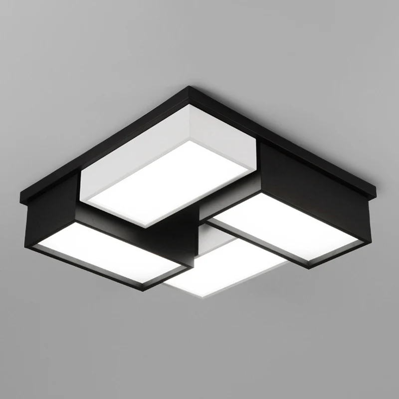 Plafonnier carré/rectangle proche du plafond, bloc de salon contemporain en métal, luminaire LED encastré en noir et blanc...