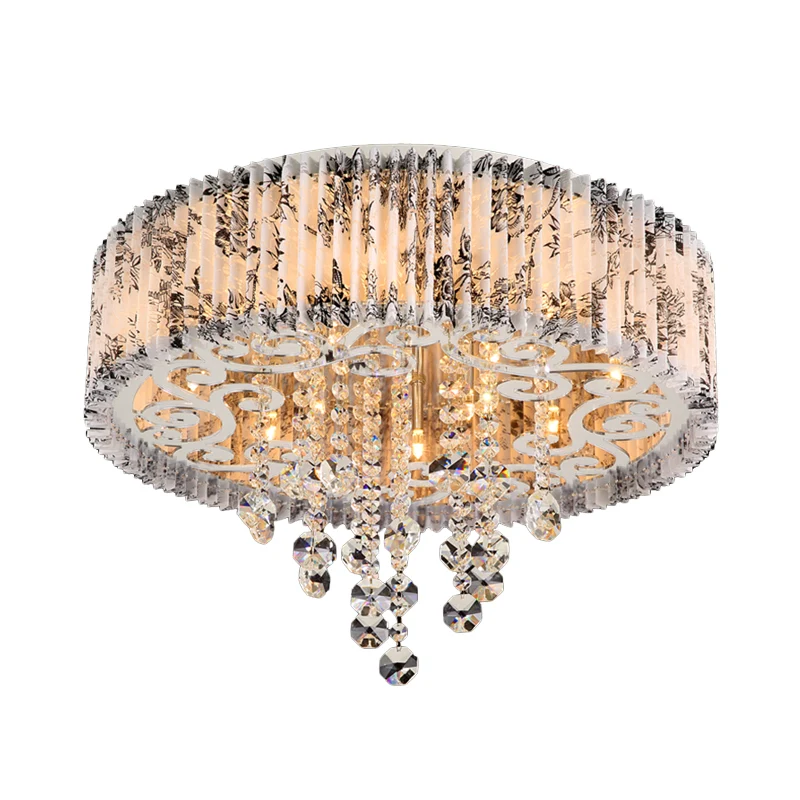 Plafonnier circulaire moderniste à 5 ampoules en tissu plissé à motifs blanc avec drapé en cristal Clearhalo