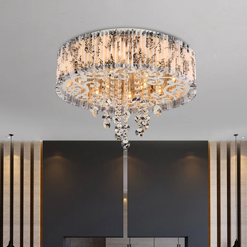 Plafonnier circulaire moderniste à 5 ampoules en tissu plissé à motifs blanc avec drapé en cristal Clearhalo