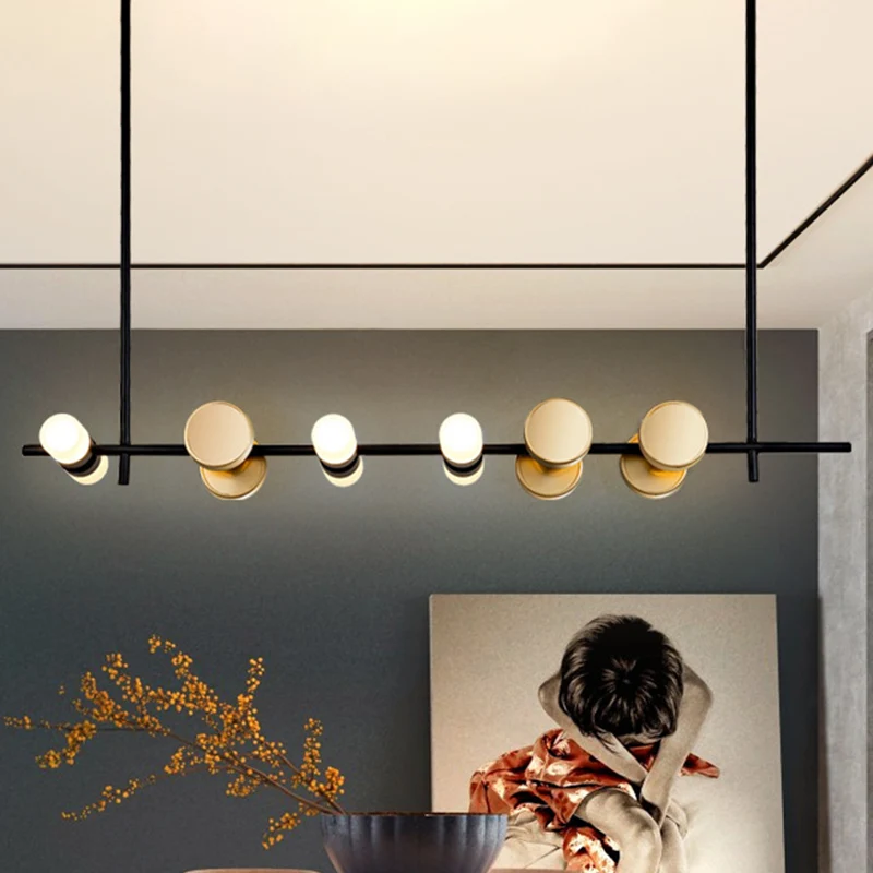 Plafonnier de cuisine linéaire en fer, 6 lumières, lustre suspendu contemporain en noir Clearhalo
