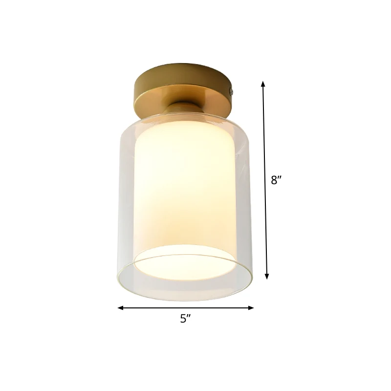 Plafonnier cylindrique en verre transparent et blanc, plafonnier simple à 1 ampoule pour couloir, en laiton Clearhalo