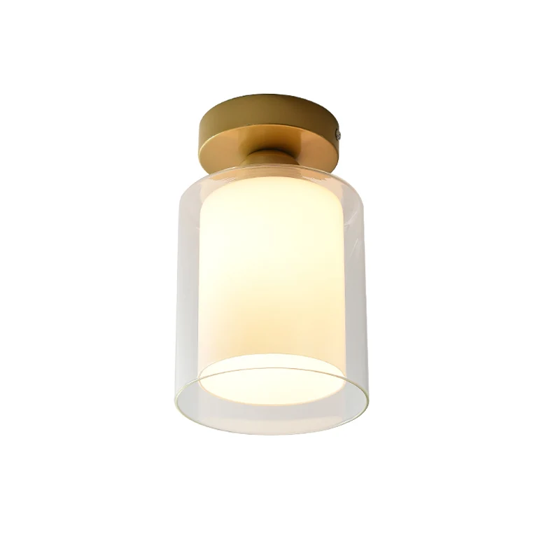 Plafonnier cylindrique en verre transparent et blanc, plafonnier simple à 1 ampoule pour couloir, en laiton Clearhalo