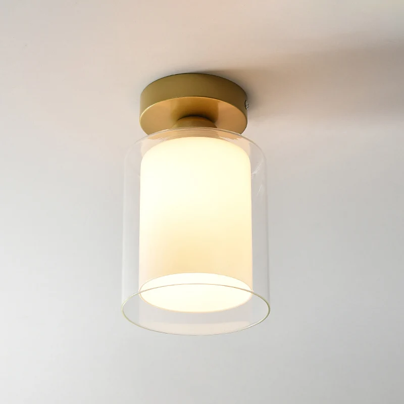 Plafonnier cylindrique en verre transparent et blanc, plafonnier simple à 1 ampoule pour couloir, en laiton Clearhalo