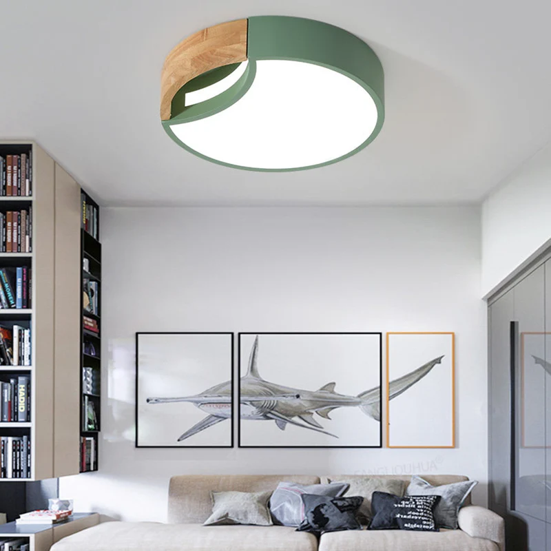 Plafonnier encastré arrondi à épissure LED en fer nordique gris/blanc/vert en lumière blanche avec poignée en bois, 12"/16...